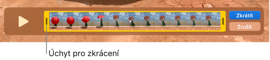 Klip v okně QuickTime Playeru; část klipu je ohraničena žlutými úchyty a zbývající část je mimo úchyty. Napravo jsou vidět tlačítka Zkrátit a Zrušit