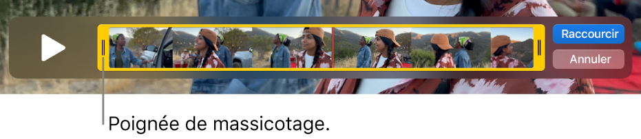 Un plan dans la fenêtre QuickTime Player, montrant une partie du plan entre les poignées jaunes, et le reste en dehors. Le bouton Raccourcir et le bouton Annuler sont à droite.