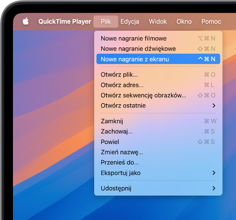 W aplikacji QuickTime Player, menu Plik jest otwarte oraz wybrane jest polecenie Nowe nagranie z ekranu w celu nagrania treści z ekranu.