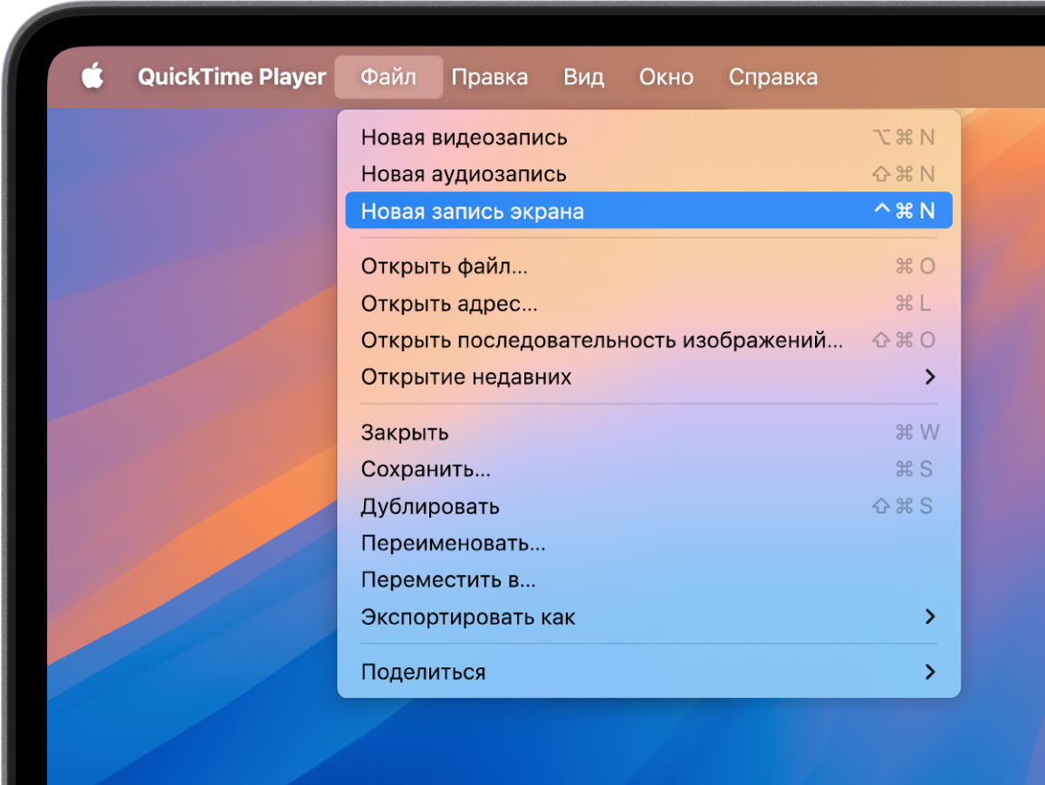 В приложении QuickTime Player открыто меню «Файл». Выбрана команда «Новая запись экрана», запускающая запись экрана.