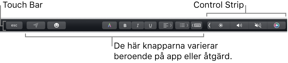 Touch Bar högst upp på tangentbordet med den hopfällda Control Strip till höger och olika knappar beroende på vilken app eller åtgärd som används.