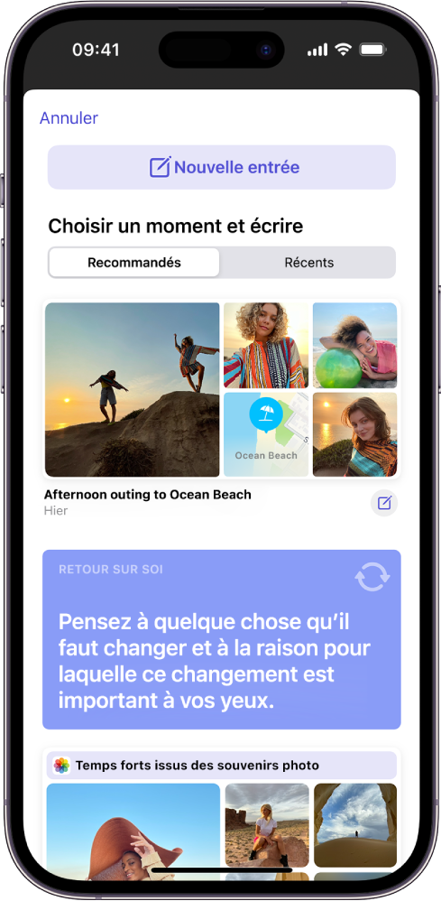 Un écran montrant le bouton « Nouvelle entrée » en haut, au-dessus des suggestions pour le journal.