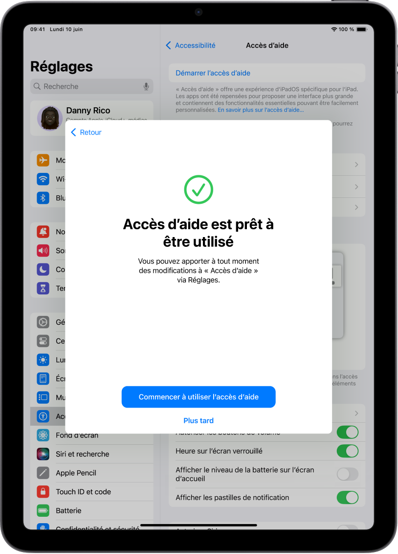 Un iPad montrant qu’« Accès d’aide » est prêt à être utilisé avec un bouton en bas pour activer la fonctionnalité Accès d’aide.