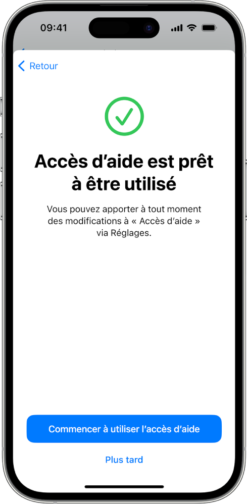 Un iPhone montrant qu’« Accès d’aide » est prêt à être utilisé avec un bouton en bas pour activer la fonctionnalité Accès d’aide.