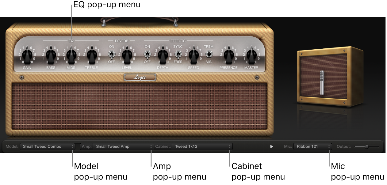 Figure. Amp Designer window with descriptions of pop-up menus.