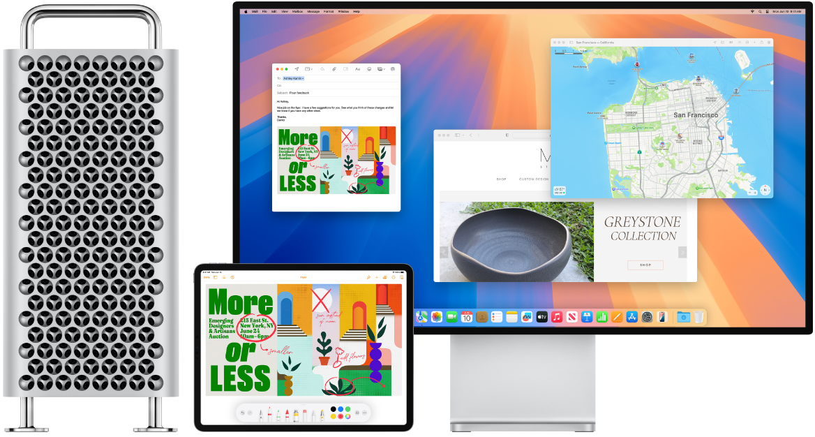 Un Mac Pro et un iPad l’un à côté de l’autre. L’écran de l’iPad présente un prospectus avec des annotations. Le moniteur utilisé par le Mac Pro affiche un message Mail, avec comme pièce jointe le prospectus annoté de l’iPad.