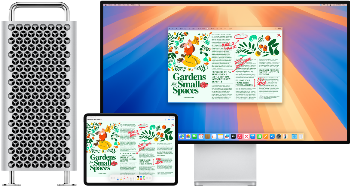 Un Mac Pro et un iPad côte à côte. Les deux écrans affichent un article couvert de modifications griffonnées en rouge, telles que des phrases barrées, des flèches et des mots ajoutés. L’iPad montre également des commandes d’annotation au bas de l’écran.