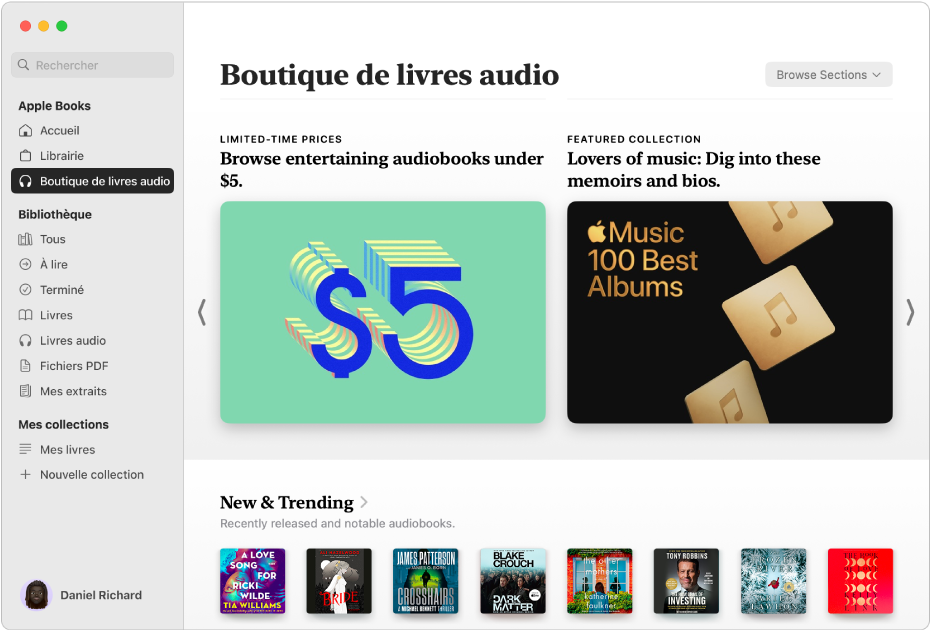 Une fenêtre de l’app Livres qui affiche la boutique de livres audio sélectionnée dans la barre latérale, avec des catégories de titres à droite, notamment « Nouveautés et tendances » et « Offres à durée limitée ».