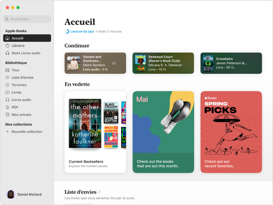 Une fenêtre de l’app Livres avec l’onglet Accueil sélectionné dans la barre latérale, ainsi que les sections Continuer et « Les incontournables » affichées à droite.