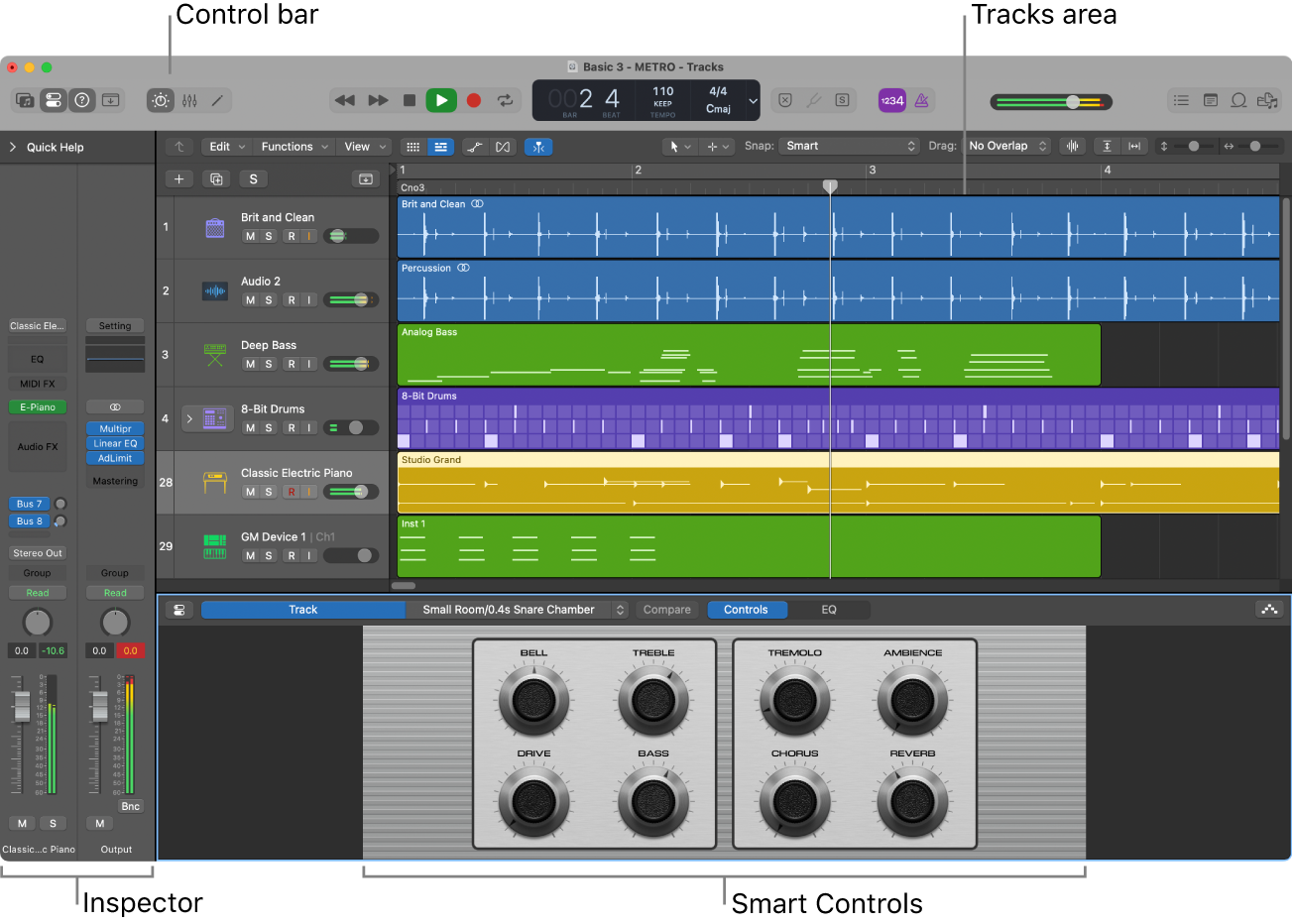 Figure. Logic Pro main window with main working areas.