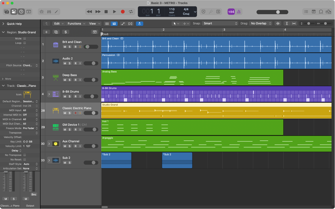 Figure. The Tracks area, showing audio, software instrument, and Session Player regions.