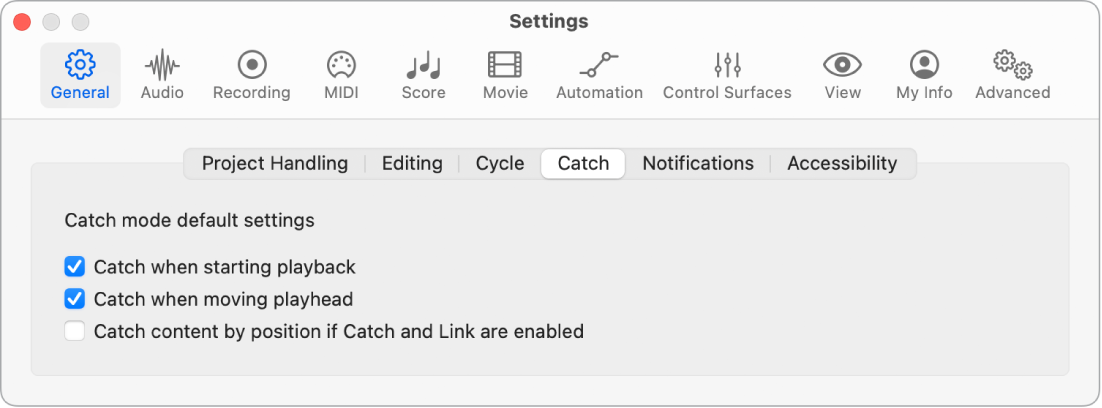 Figure. Catch settings.
