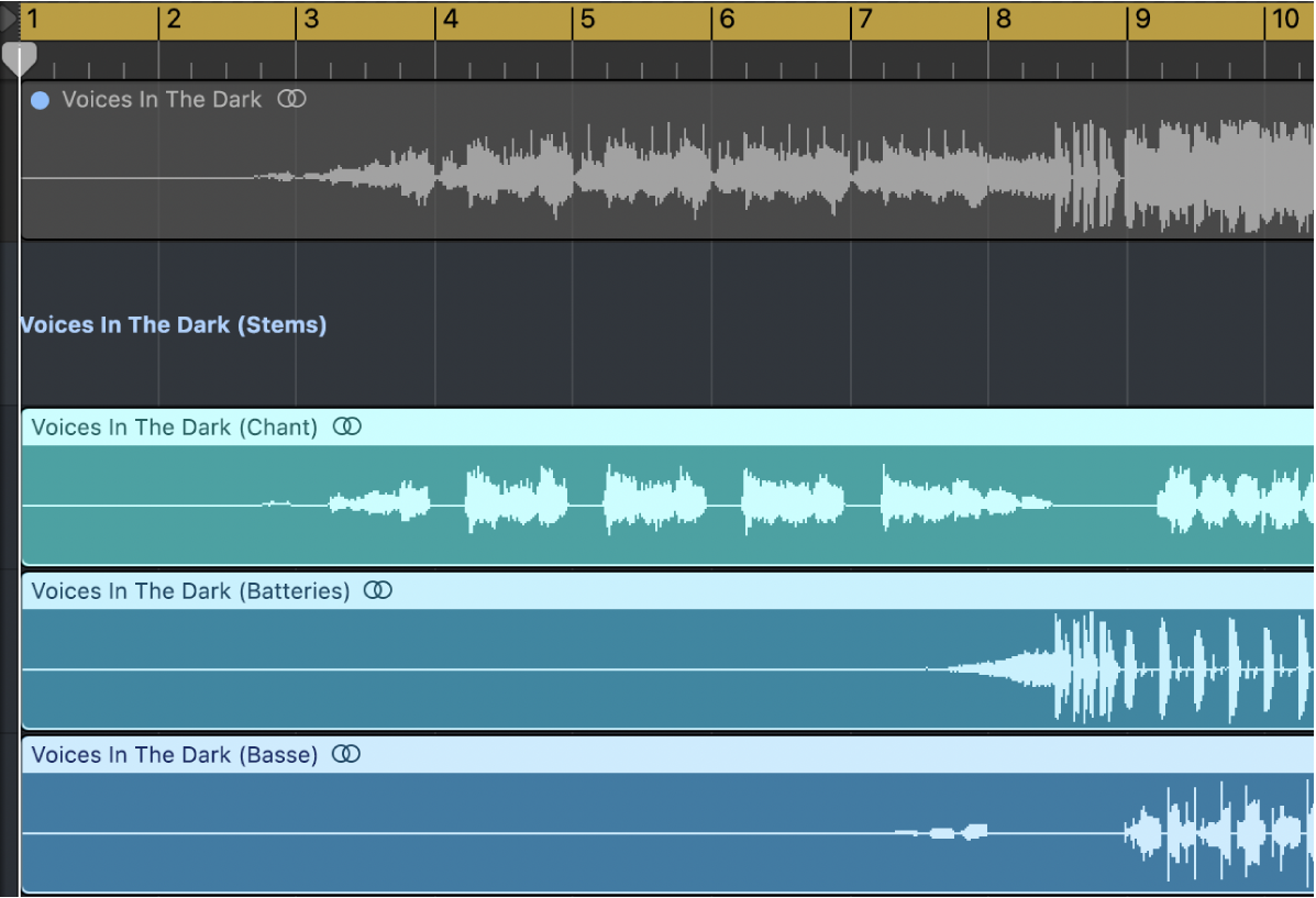 Figure. Zone Piste affichant une Track Stack avec des stems comme sous-pistes.