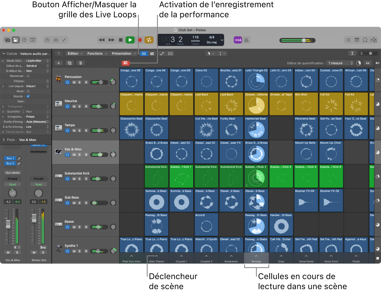 Figure. Grille des Live Loops avec des cellules en cours de lecture.