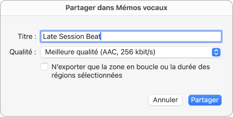 Zone de dialogue « Partager dans Dictaphone ».