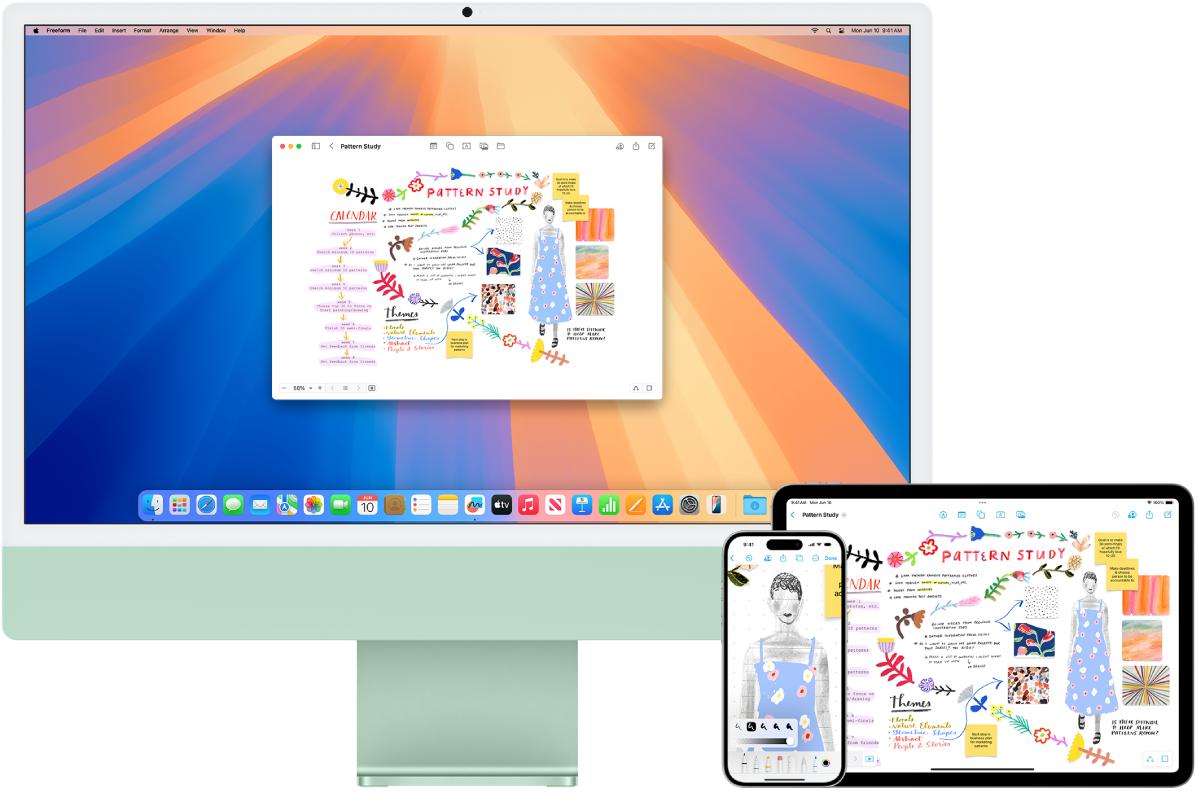 Mac, iPhone et iPad affichant le même tableau Freeform.