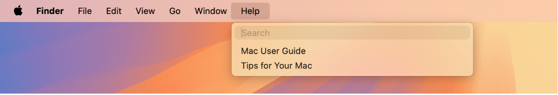 Un bureau partiel avec un menu Aide ouvert, affichant les options de menu pour Recherche et Aide macOS.