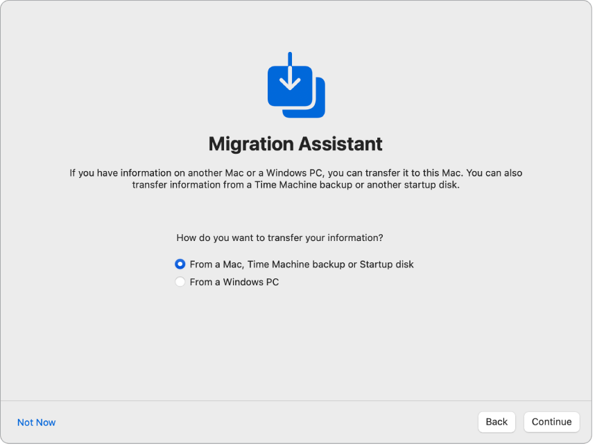 Un écran de lʼAssistant réglages indiquant « Assistant migration ». Une coche correspondant au transfert de données depuis un Mac est cochée.