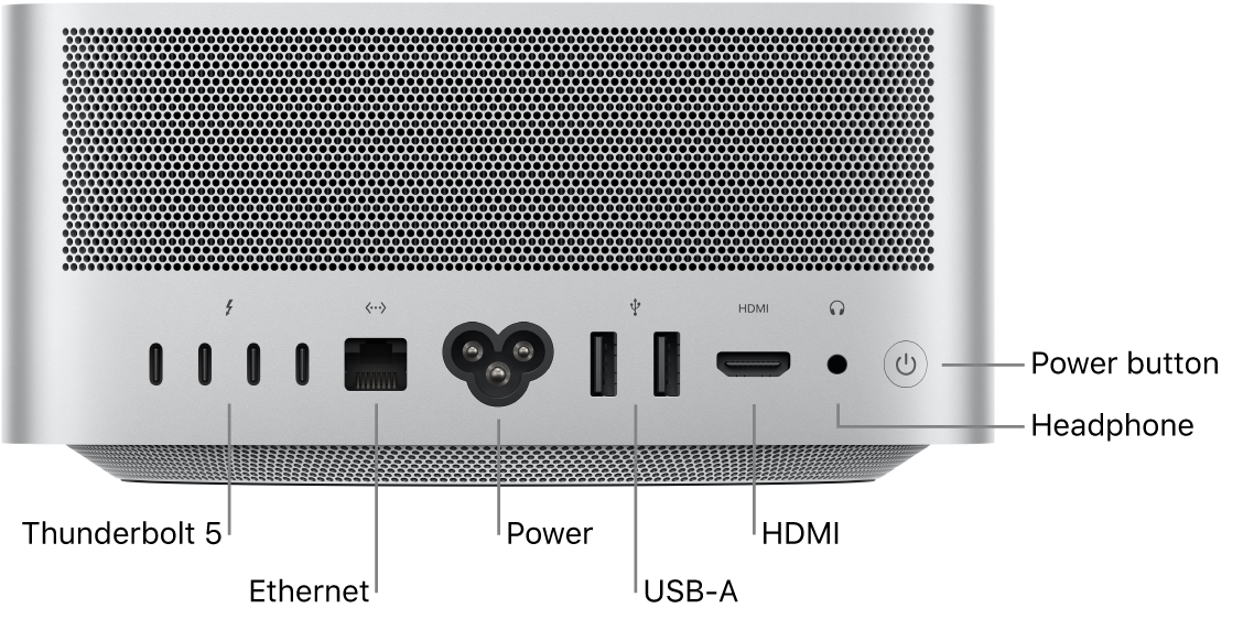 The back of Mac Studio showing four Thunderbolt 5 (USB-C) ports, the Gigabit Ethernet port, the power port, two USB-A ports, the HDMI port, 3.5 mm headphone jack, and the power button.