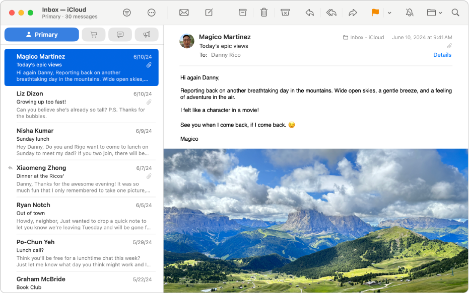 La fenêtre Mail affichant un message de la liste de messages Principale.