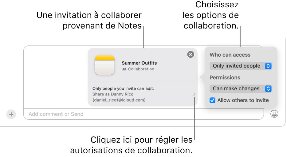 Zoom sur le champ de message texte en bas de la conversation dans Messages. On y voit une invitation à collaborer à une note. Vous pouvez cliquer sur le côté droit de l’invitation pour configurer les autorisations relatives à la collaboration.