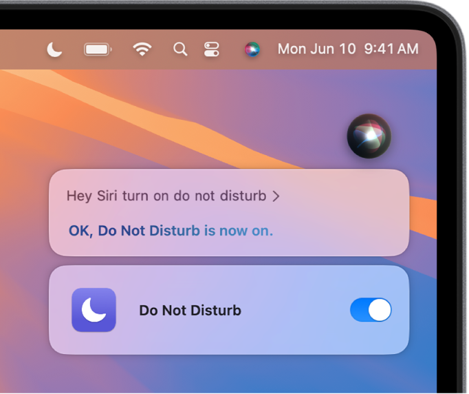 La fenêtre Siri qui affiche une demande de tâche : « Active Ne pas déranger. »
