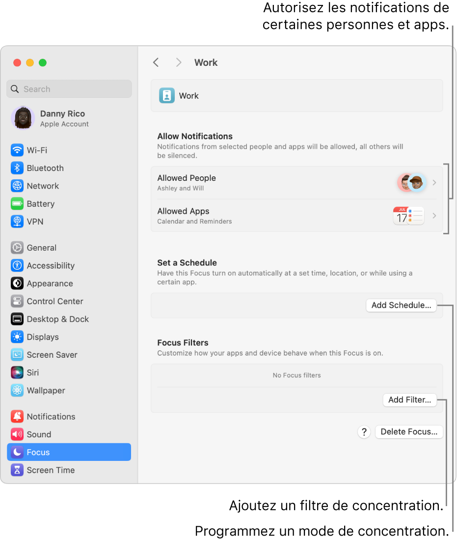 Réglages de concentration affichant les réglages du mode de concentration Travail. En haut se trouve la liste des personnes et des apps dont les notifications sont autorisées lorsque le mode de concentration « Travail » est actif.