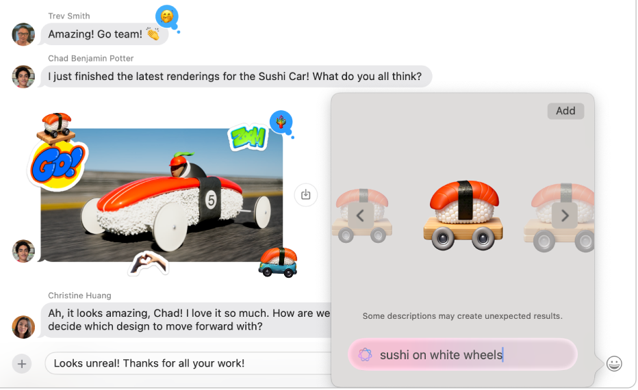 Fenêtre de l’app Messages sur Mac qui affiche un Genmoji en cours de création pour être utilisé dans une conversation.