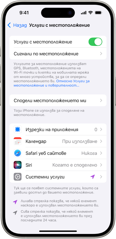 Екран на Услуги за местоположение с настройки за споделяне на местоположението на вашия iPhone с приложения.