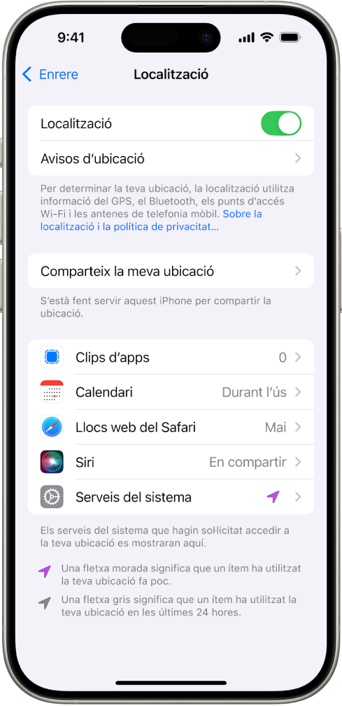La pantalla “Localització” amb la configuració per compartir la ubicació del teu iPhone amb apps.