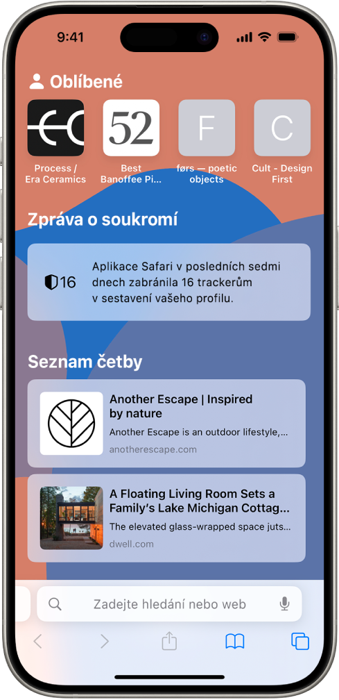 Úvodní stránka v Safari, na níž se zobrazují oblíbené stránky, zpráva o soukromí a webové stránky uložené do seznamu četby