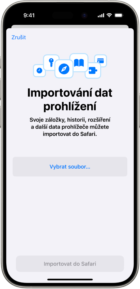 Obrazovka „Importování dat prohlížení“ s daty z jiného prohlížeče, která se uživatel chystá importovat do Safari.