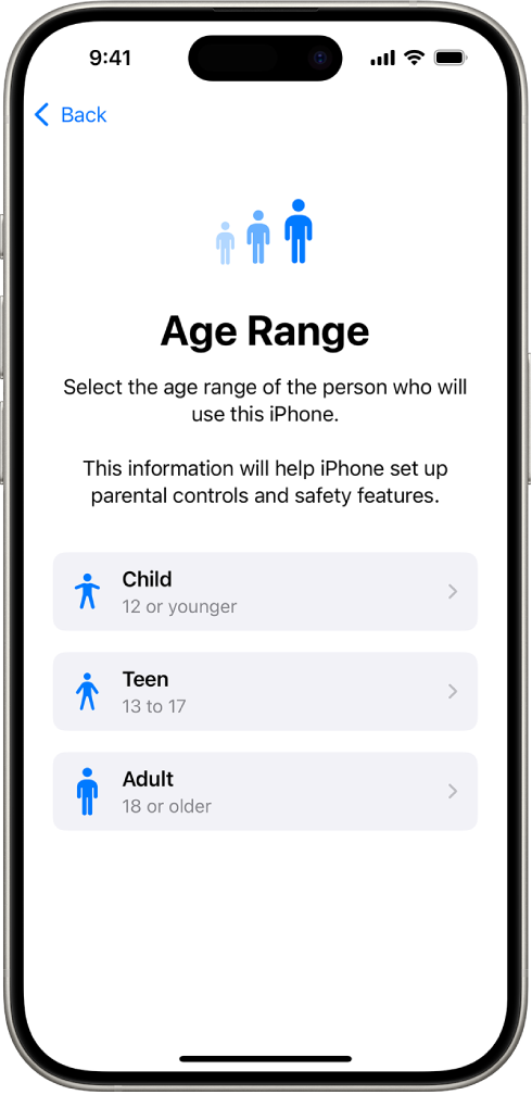 The Age Range setup screen. Three age ranges are listed: Child (12 or younger), Teen (13 to 17), and Adult (18 or older).