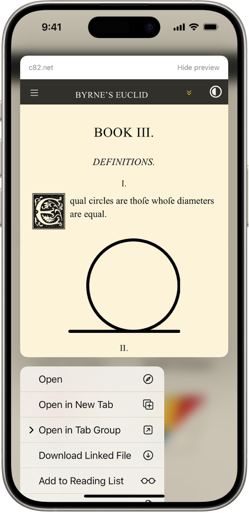 A preview of a website followed by a list of possible actions: Open, Open in New Tab, Open in Tab Group, Download Linked File, and Add to Reading List.