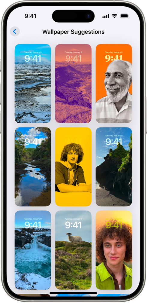 Wallpaper Suggestions is open in the Photos app. Automatically generated combinations of photos, filter effects, and clock face fonts appear in a list of suggestions.