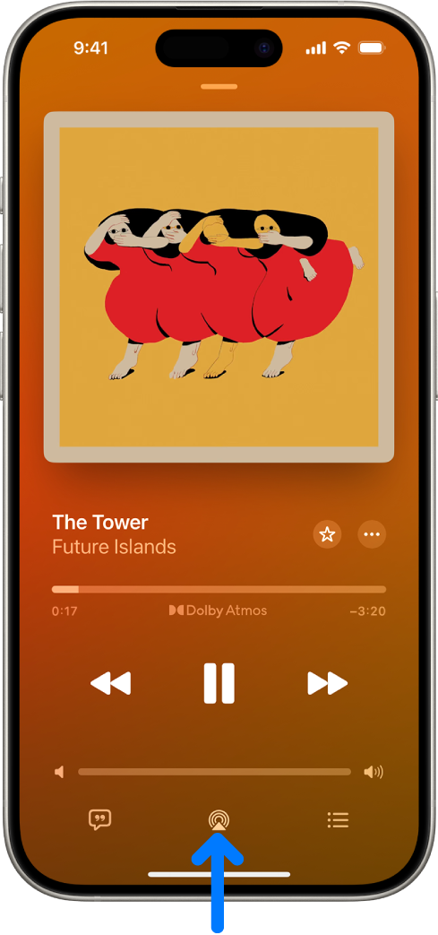 Los controles de reproducción para Música, incluyendo el botón Destino de la reproducción en la parte inferior de la pantalla.