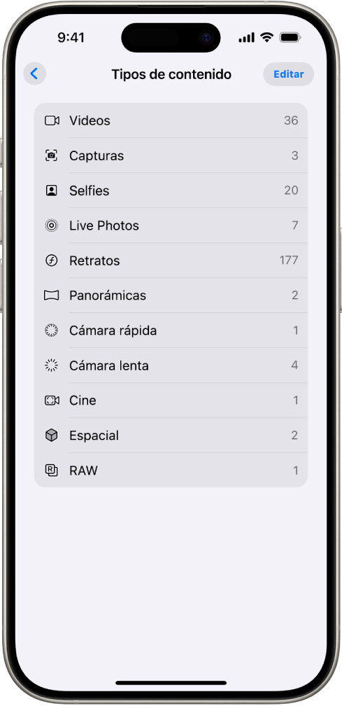 En la app Fotos, la colección Tipos de contenido está abierta y muestra una lista de colecciones de fotos.