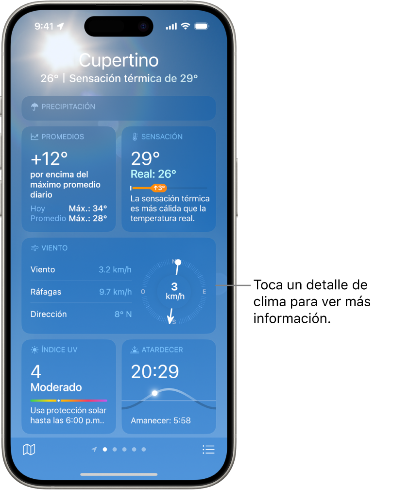 La pantalla de Clima mostrando la ubicación en la parte superior, y debajo la temperatura actual y las condiciones de clima. El resto de la pantalla contiene los detalles del clima sobre calidad del aire, precipitación, índice UV y puesta de sol.