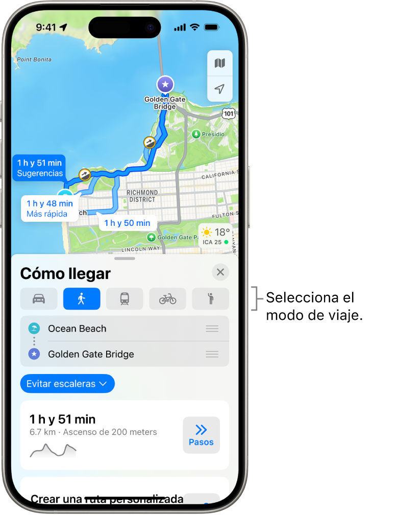 Un mapa que muestra varias opciones de ruta entre dos ubicaciones, con botones para elegir otros modos de viaje, intercambiar el punto de partida y el destino, y ver las direcciones como una serie de pasos.