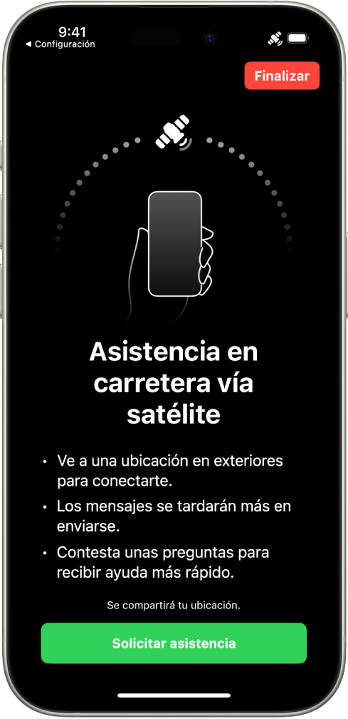 La pantalla de Solicitar asistencia en carretera por satélite. En la parte inferior de la pantalla está el botón Solicitar asistencia.