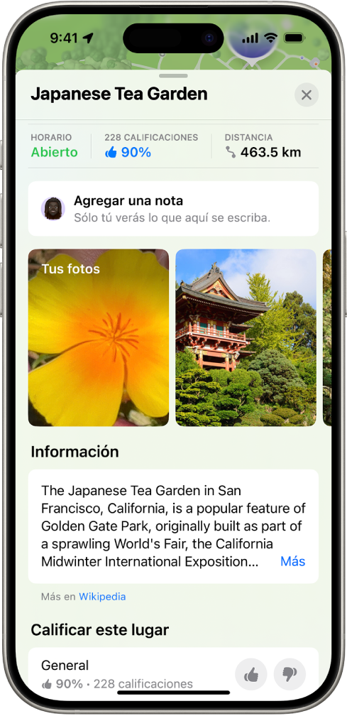 Una tarjeta de ubicación con una calificación general de una ubicación, fotos y botones para calificar la ubicación.