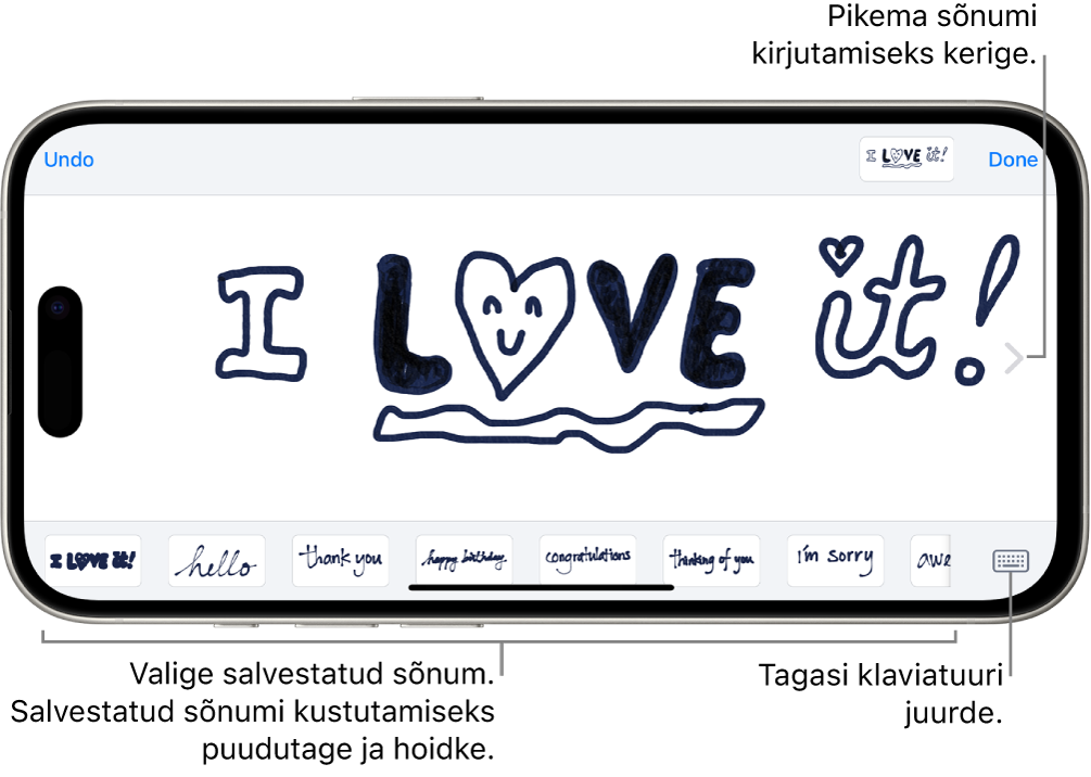 Käsitsi kirjutatud sõnumi koostamise lõuend. Alaosas asuvad (vasakult paremale) käsitsi kirjutatud üksused ja nupp Keyboard.