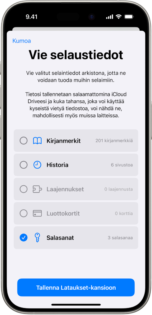 Vie selaustiedot -näyttö, jossa on valittuna Salasanat-vaihtoehto toiseen salasanojen hallintatyökaluun viemistä varten.