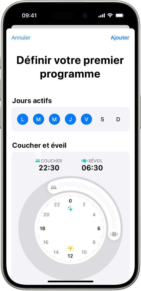 L’écran « Définir votre premier programme » dans Santé, avec une section « Jours actifs » et des heures Coucher et Réveil.