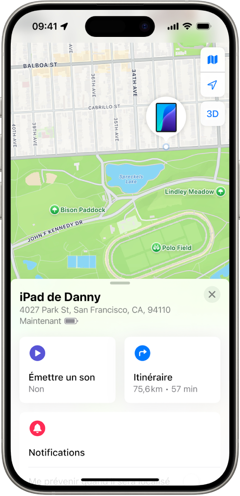 L’écran Localiser montrant la position d’un iPad sur un plan en haut de l’écran.