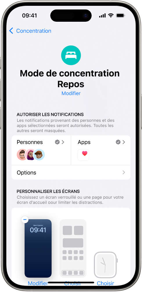 L’écran « Mode de concentration Repos » montrant trois personnes et une app autorisées à envoyer des notifications.