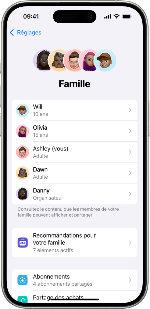 Écran Partage familial dans Réglages. Cinq membres d’une famille sont répertoriés. Sous leur nom figure la liste de suggestions pour la famille ; sous cette liste se trouvent les options Abonnements et « Partage des achats ».