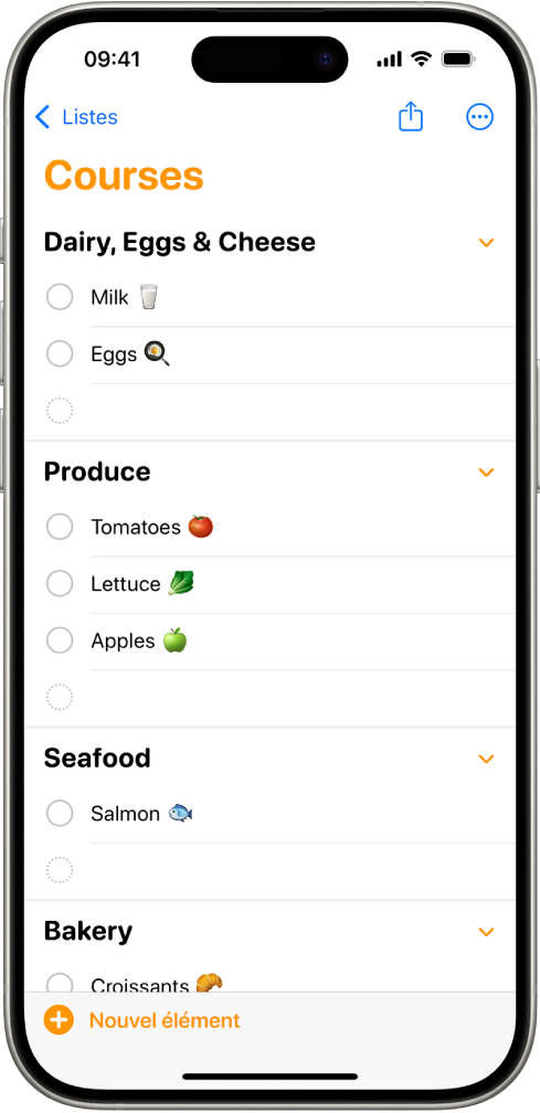 L’app Rappels, avec une liste de courses comprenant des articles placés dans des catégories telles que « Fruits et légumes » et « Fruits de mer ».