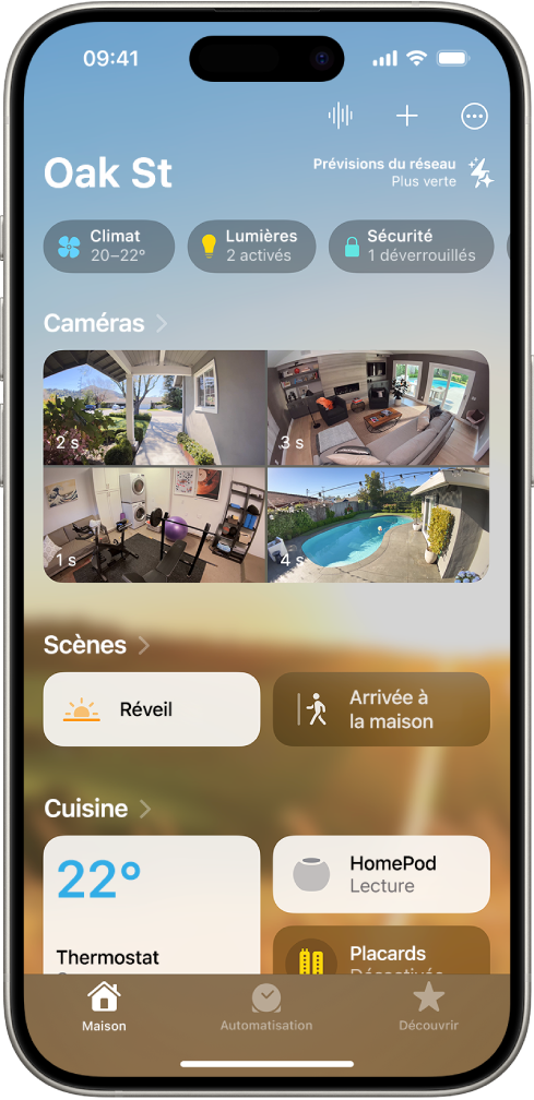 L’écran « Mon domicile » de l’app Maison.