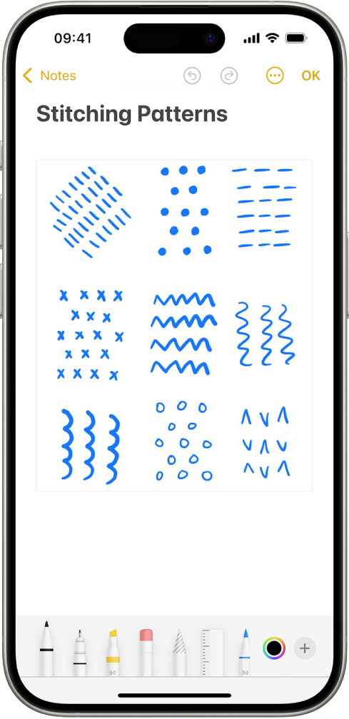 Une note est ouverte dans l’app Notes et la barre d’outils d’annotation est ouverte en bas de l’écran. Les outils d’annotation affichés de gauche à droite sont les suivants : Stylo, Trait simple, Marqueur, Gomme, Lasso, Règle et Crayon, puis le bouton Sélecteur de couleurs et le bouton Ajouter.